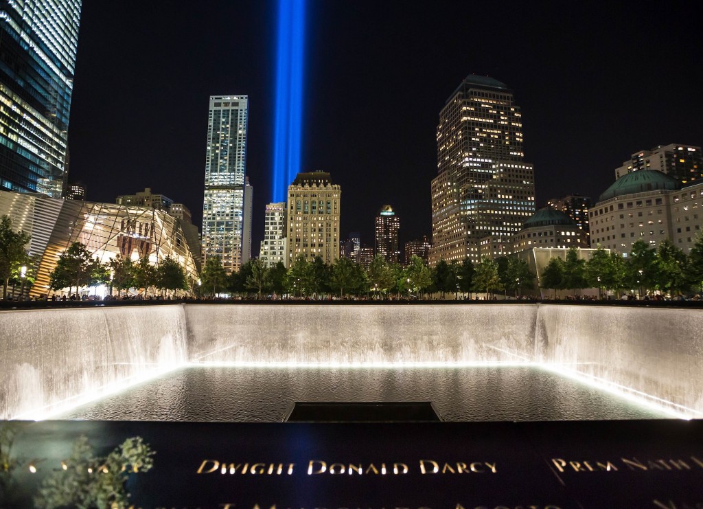 A Tribute in Light as seen from the 9/11 Memorial. 